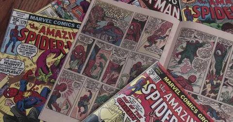 Comic Books - Amazing Spider Man - Panning shot Stock Footage 84726426