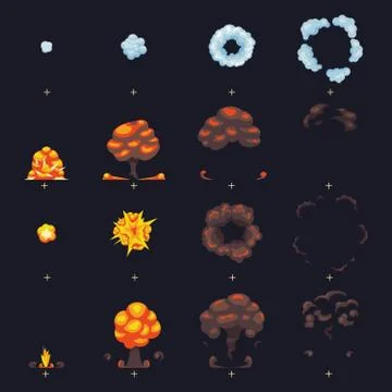 Comic boom blast explosion with flame and smoke fx animation frames sprites Illustrazione stock