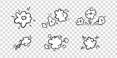 Comic boom effect clouds. Set of explosion bubbles and smoke. Vector Illustrazione stock