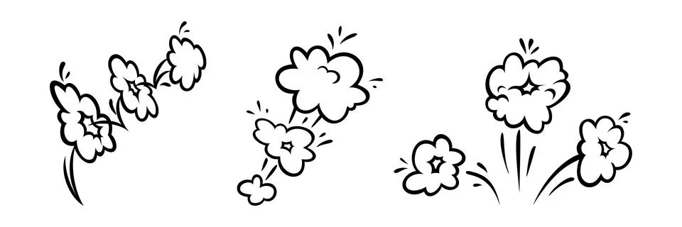 Comic boom effect clouds. Set of explosion bubbles and smoke. Vector Illustrazione stock