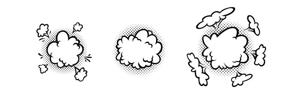 Comic boom effect clouds. Set of explosion bubbles and smoke. Vector Illustrazione stock