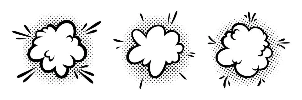 Comic boom effect clouds. Set of explosion bubbles and smoke. Vector Stock Illustration