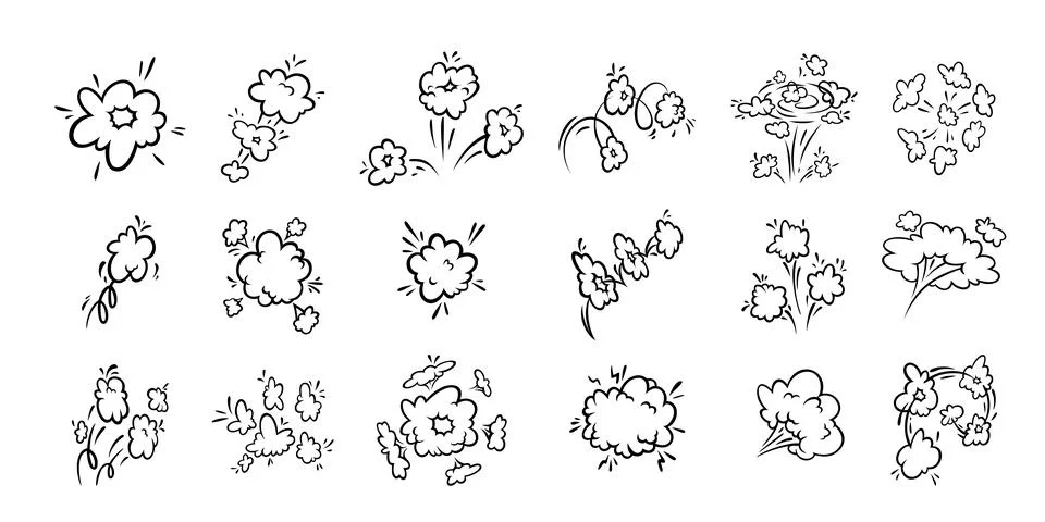 Comic boom effect clouds. Set of explosion bubbles and smoke. Vector Illustrazione stock