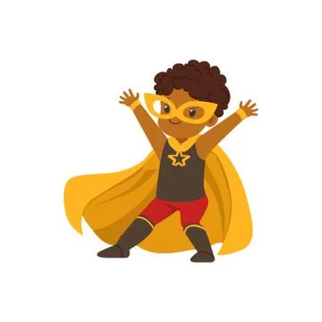 Comic brave black kid in superhero colorful Halloween costume with mask and Stock Illustration