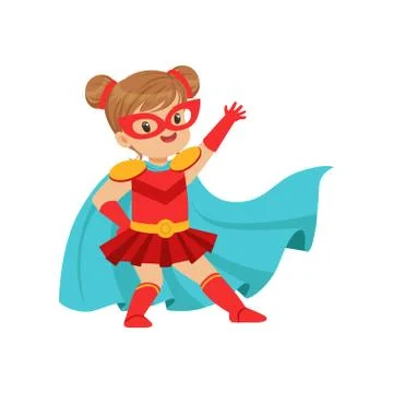 Comic brave kid in superhero red costume with mask on face and developing in the Ilustração Stock