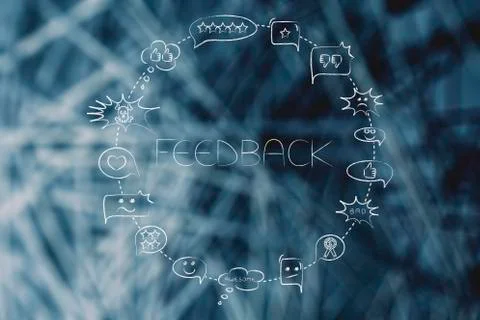 Comic bubbles circle with different reactions to a product or company (feedba Stock Illustration