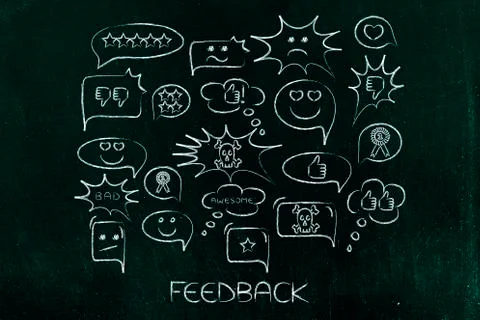 Comic bubbles with different reactions to a product or company (feedback conc イラスト素材