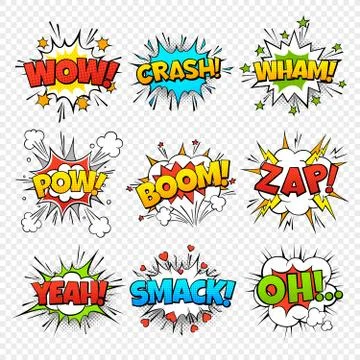 Comic bubbles. Funny comics words in speech bubble frames. Wow oops bang zap Illustrazione stock