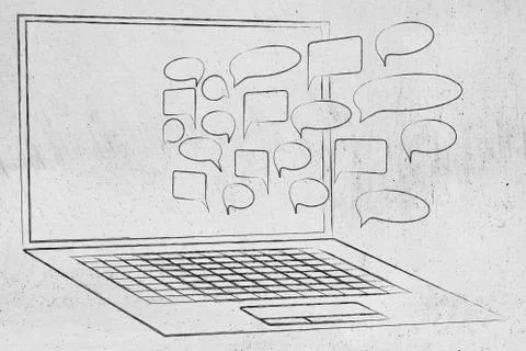Comic bubbles popping out of laptop screen from above 스톡 일러스트