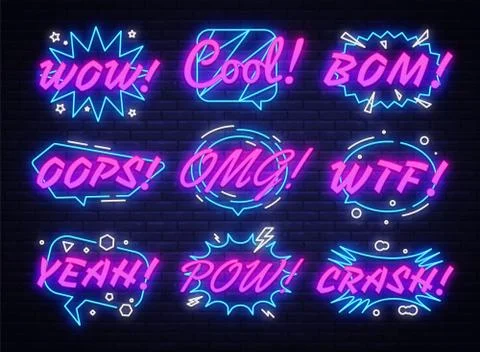 Comic Bubbles Set in neon style. Expressions Cool, Oops, Wow, Omg, Crash, Yeah Stock Illustration