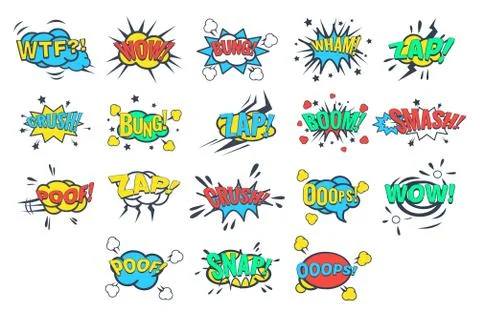 Comic bubbles with words and abbreviations sett, comic book explosion vector Stock Illustration