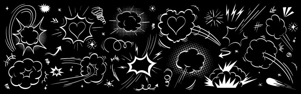 Comic burst effect vector bundle. White color speed lines, explosion smoke, Stock Illustration