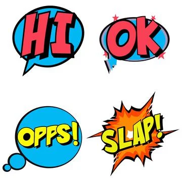 Comic burst vector illustration design with red, blue and yellow color text e Stock Illustration