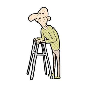 Comic cartoon old man with walking frame Illustrazione stock