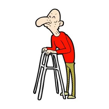 Comic cartoon old man with walking frame Illustrazione stock