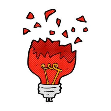 Comic cartoon red light bulb exploding Stock Illustration