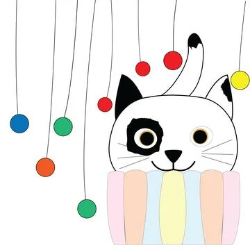 Comic cat in cupcate with balls Stock Illustration