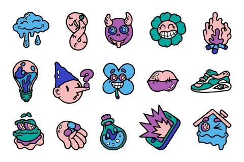 Comic character stickers. Abstract psychedelic cartoon retro sticker collecti Stock Illustration