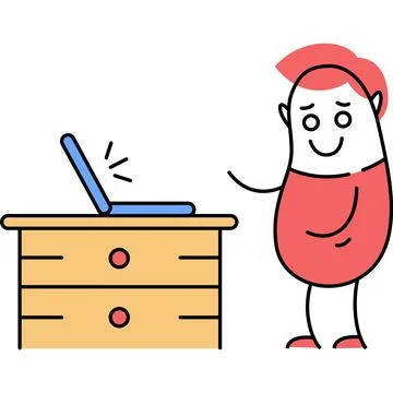 Comic character work on laptop vector icon Stock Illustration