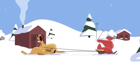 Comic Christmas Reindeer Pulling Santa on a Sled Through a Snowy Winter Field Stock Footage 331107314