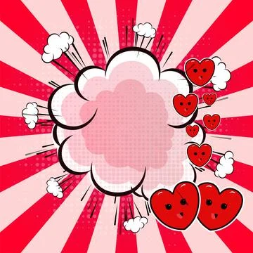 Comic cloud speech bubble with paper hearts on halftone rays background. Stock Illustration