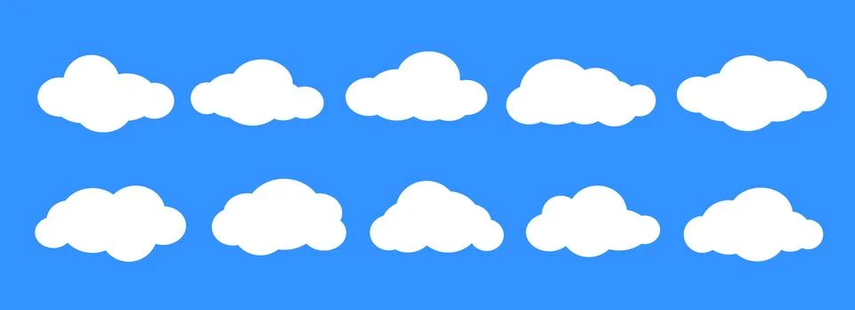 Comic clouds on blue sky background. Cartoon cloud shapes set for icon, poster Stock Illustration