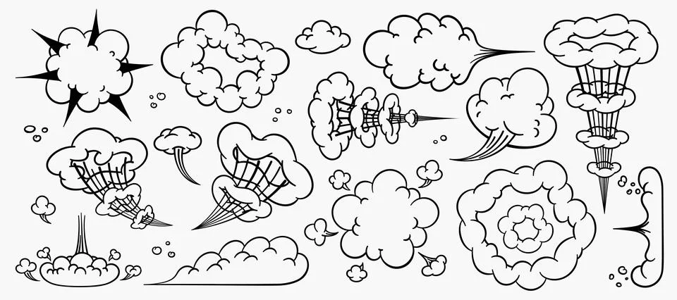 Comic clouds, cartoon vector clouds in line style isolated on light background. 스톡 일러스트