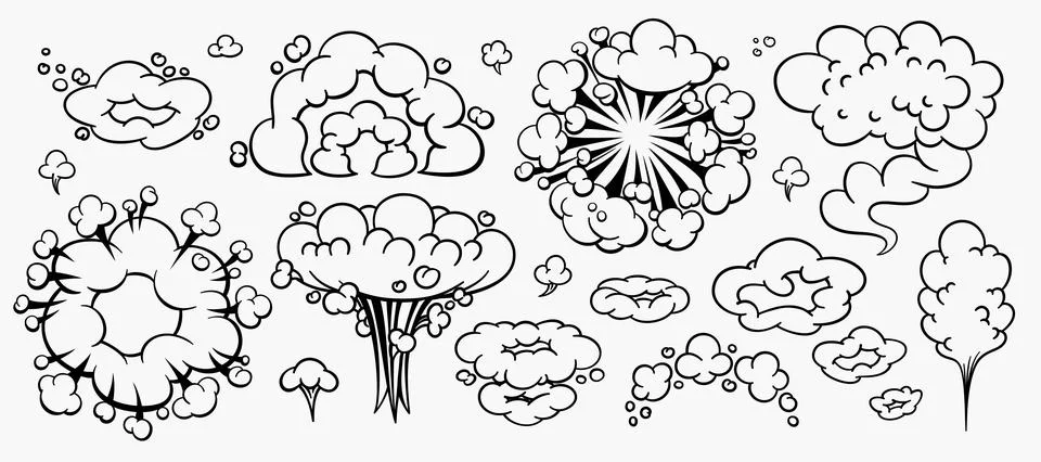 Comic clouds, cartoon vector clouds in line style isolated on light background. Illustrazione stock