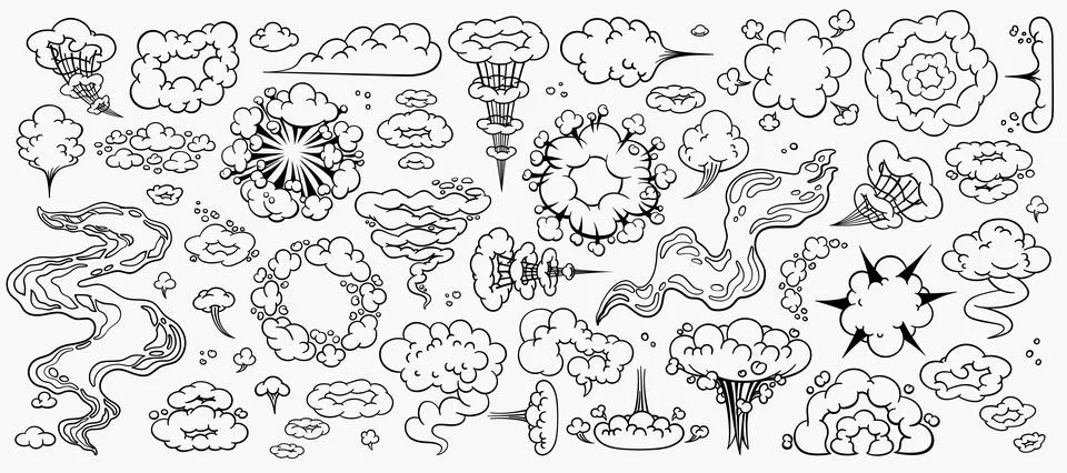 Comic clouds, cartoon vector clouds in line style isolated on light background. Stock Illustration