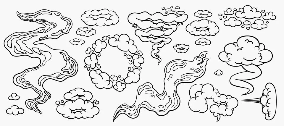 Comic clouds, cartoon vector clouds in line style isolated on light background. Illustrazione stock