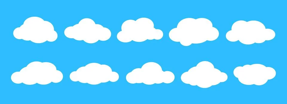 Comic clouds on light blue sky background. Cartoon cloud shapes set for icon Stock Illustration