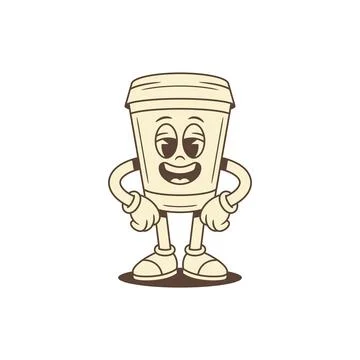 Comic coffee paper cup cartoon character smiling vector flat contoured illust Stock Illustration