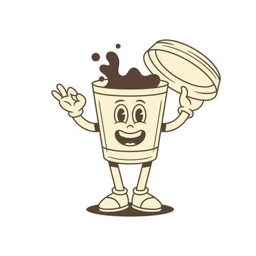 Comic coffee paper cup cartoon character open hat contoured vector flat ill.. Stock Illustration