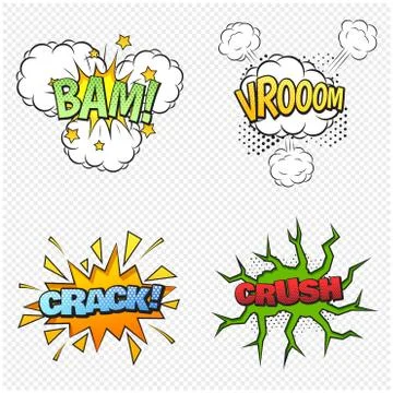 Comic collection colored sound effects pop art vector style. Set comic bubble sp Stock Illustration