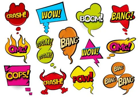 Comic colored hand drawn speech bubbles. Set retro cartoon stickers. Funny Stock Illustration
