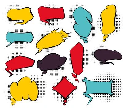 Comic colored hand drawn speech bubbles. Set retro cartoon stickers. Funny Stock Illustration