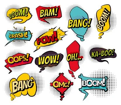 Comic colored hand drawn speech bubbles. Set retro cartoon stickers. Funny Stock Illustration