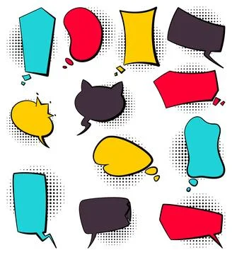 Comic colored hand drawn speech bubbles. Set retro cartoon stickers. Funny Stock Illustration