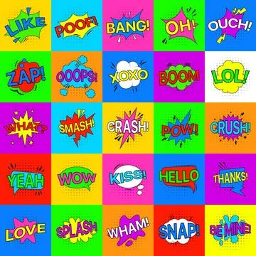 Comic colored icons set. Illustrazione stock