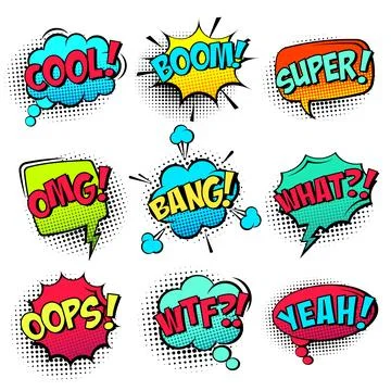 Comic colored speech bubbles with halftone shadow and text phrase. Sound Stock Illustration