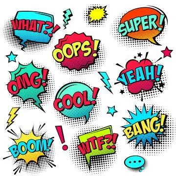 Comic colored speech bubbles with halftone shadow and text phrase. Sound Stock Illustration
