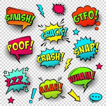 Comic colored speech bubbles with halftone shadow and text phrase. Sound Stock-Illustration