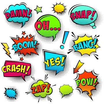 Comic colored speech bubbles with halftone shadow and text phrase. Sound Stock Illustration