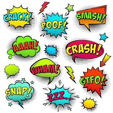 Comic colored speech bubbles with halftone shadow and text phrase. Sound Stock Illustration
