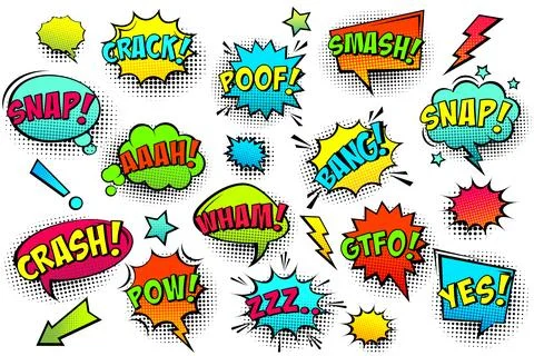 Comic colored speech bubbles with halftone shadow and text phrase. Sound 스톡 일러스트
