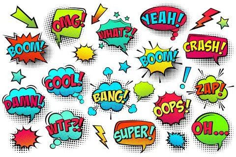 Comic colored speech bubbles with halftone shadow and text phrase. Sound Stock Illustration