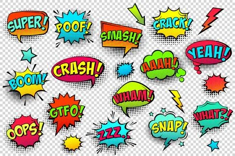 Comic colored speech bubbles with halftone shadow and text phrase. Sound Stock Illustration
