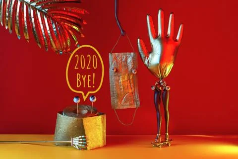 Comic composition on the theme of the outgoing leap 2020 and coronavirus: toi Stockfoto's