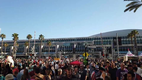 Comic Con SDCC 2019 - Jib Crane up from crowd to Convention Center Stock Footage 112942284
