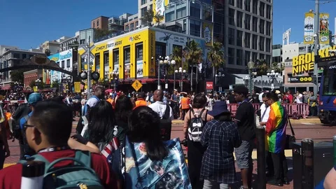 Comic Con SDCC 2019 outside gaslamp quarter, Animation Domination, NBC buildings Stock Footage 112942189